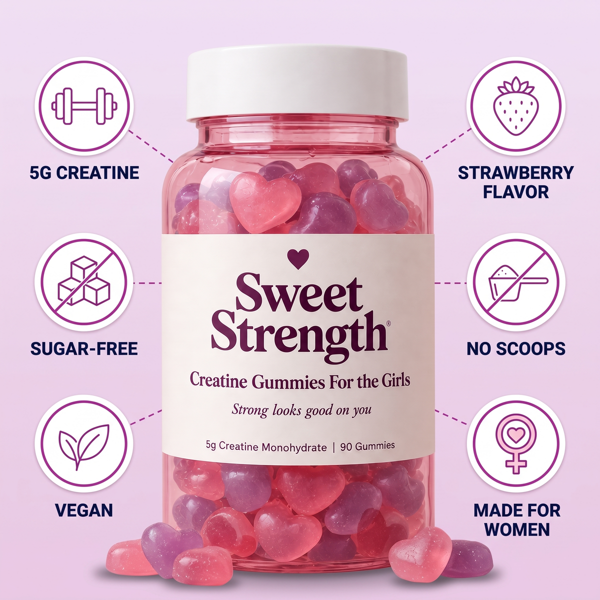 Sweet Strength creatine gummies for women: 5g creatine, sugar-free, vegan, strawberry flavor, no scoops, made for women