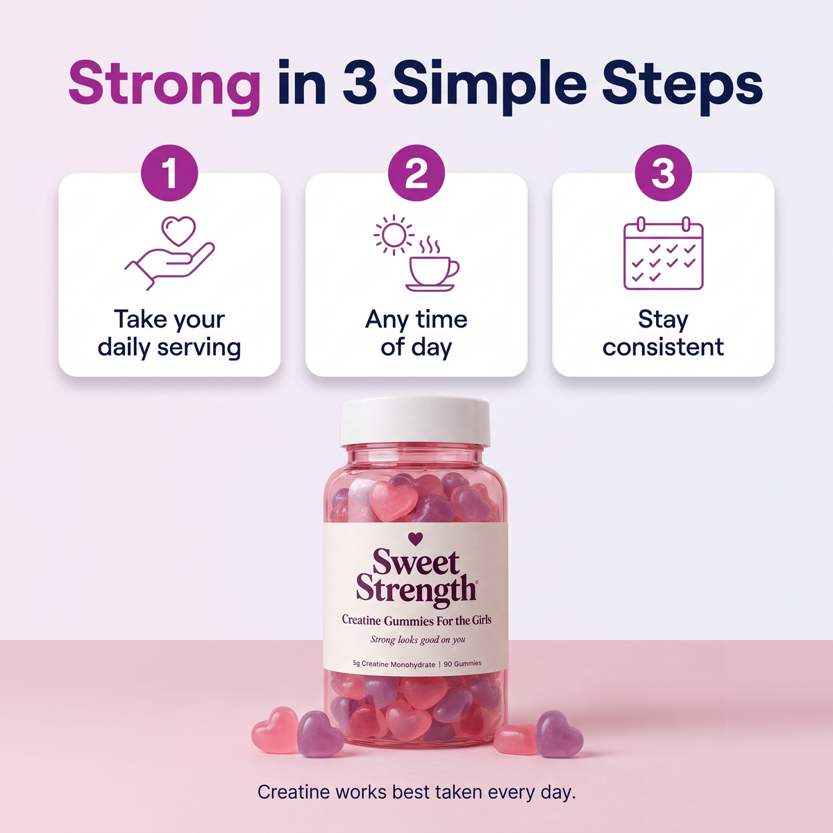 How to take Sweet Strength creatine gummies in 3 simple steps: take your daily serving, any time of day, stay consistent