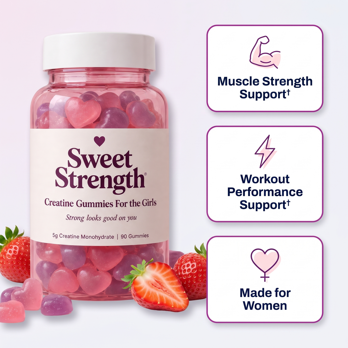 Sweet Strength strawberry creatine gummy bottle with muscle strength support, workout performance support and made for women benefit cards