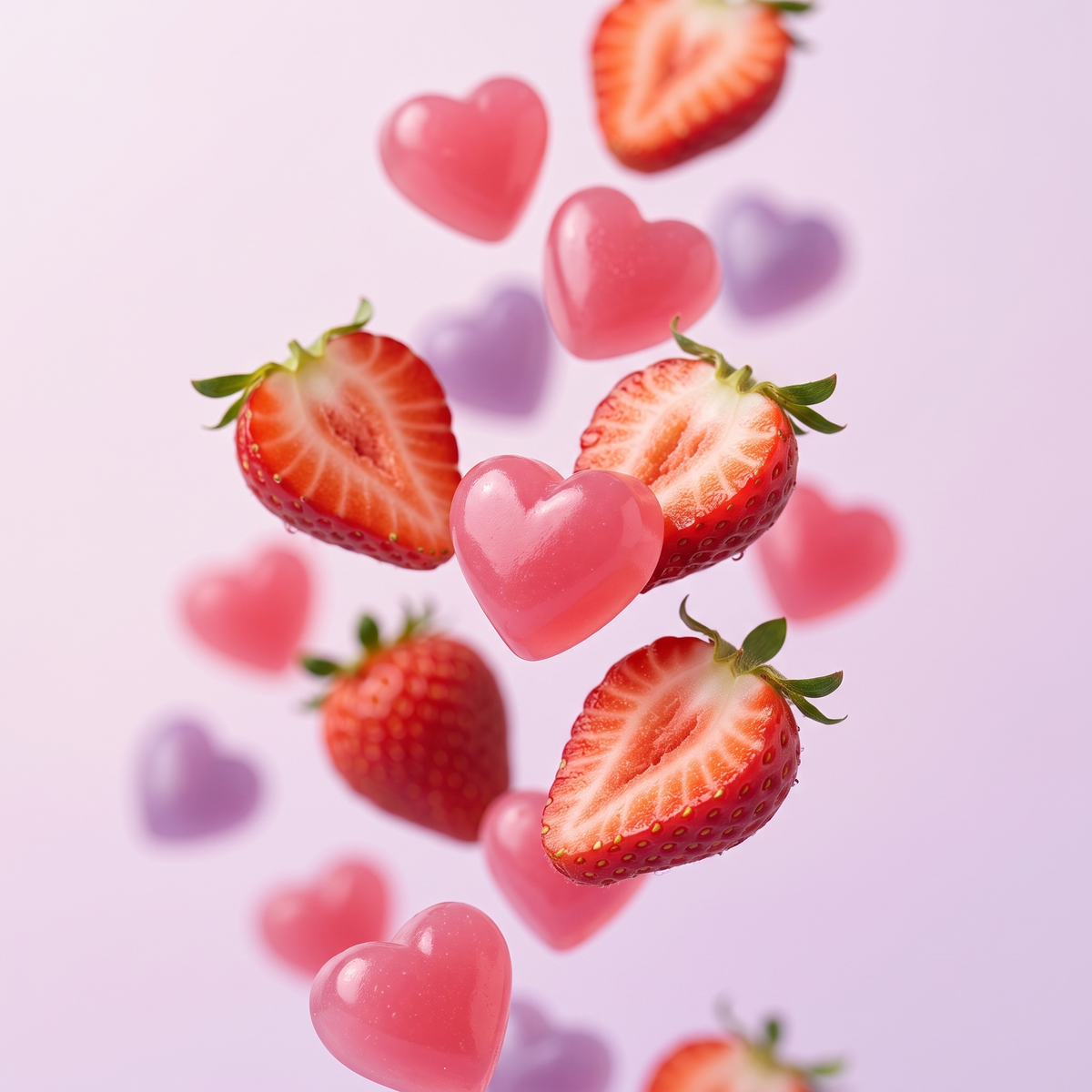 Pink heart-shaped strawberry creatine gummies with fresh strawberries