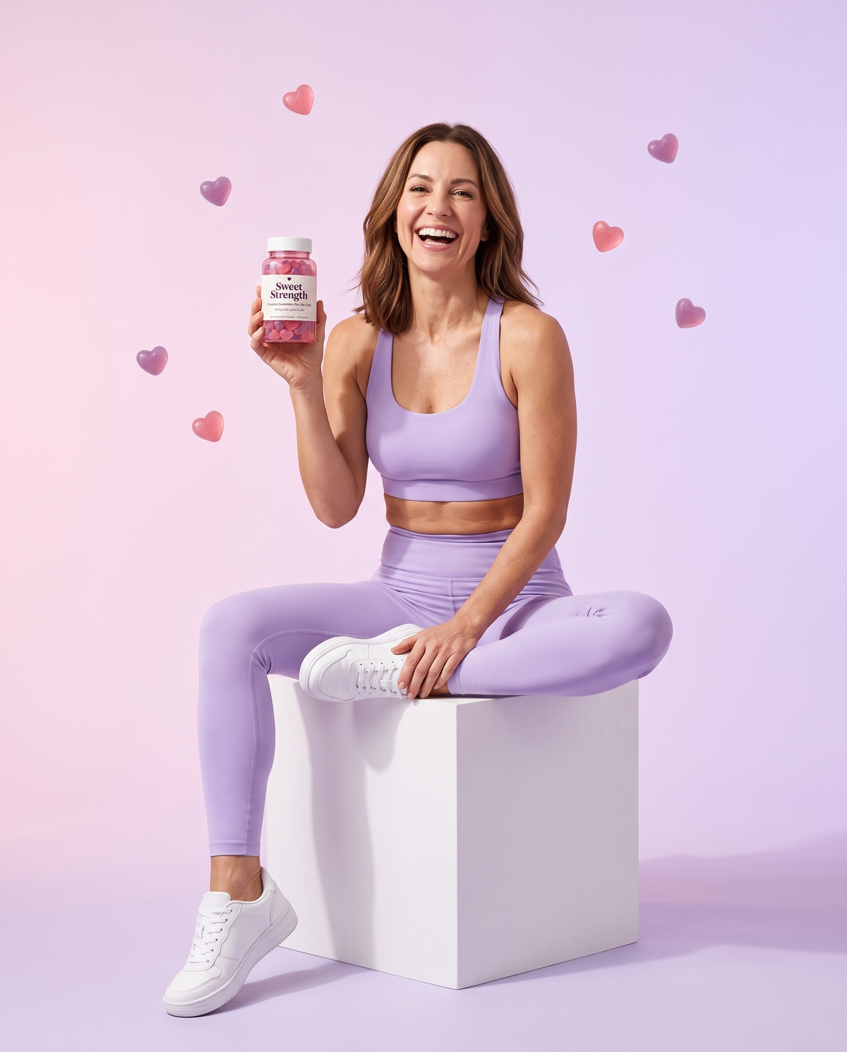 Smiling woman in lavender activewear holding a bottle of Sweet Strength creatine gummies