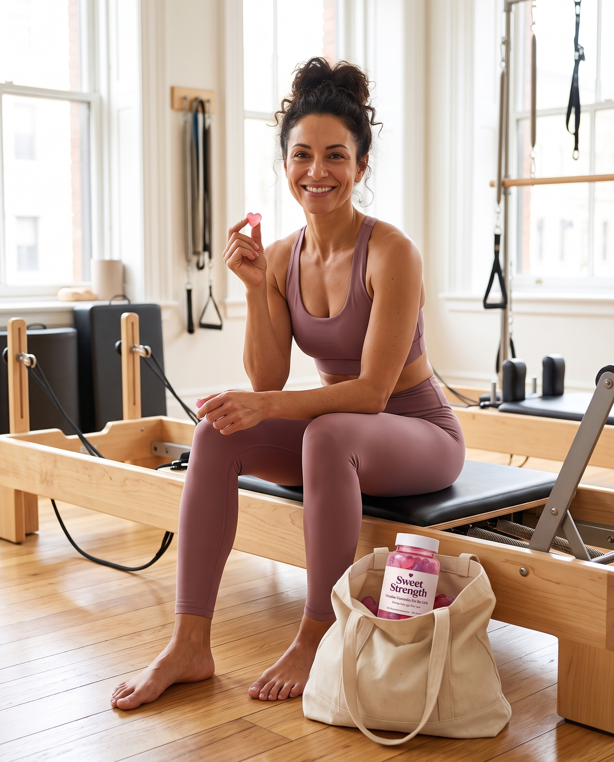 Woman after a pilates class holding a creatine gummy